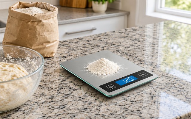 Nicewell digital kitchen scale, on a granite kitchen island beside a sack of flour and a bowl of dough