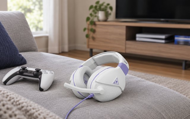 Turtle Beach Recon Spark headset, on a living room couch cushion beside a game controller, a TV in the background with its screen dark