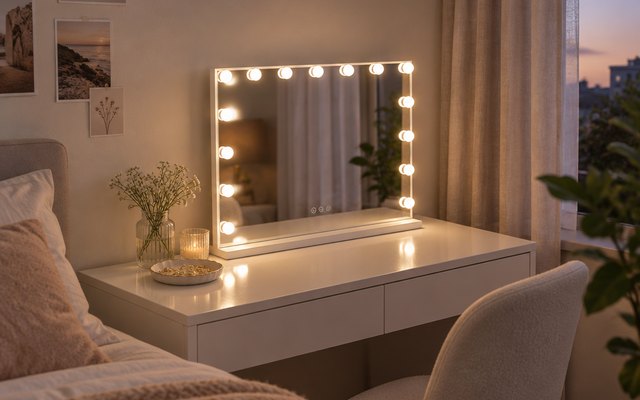 FENCHILIN Hollywood vanity mirror, on a white dressing table in a bedroom beside a jewelry dish