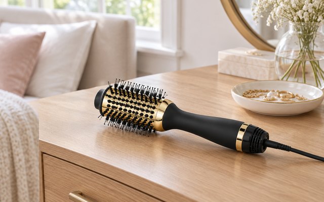 Hot Tools 24K Gold blowout brush, on a dressing table in a bright bedroom beside a jewelry dish