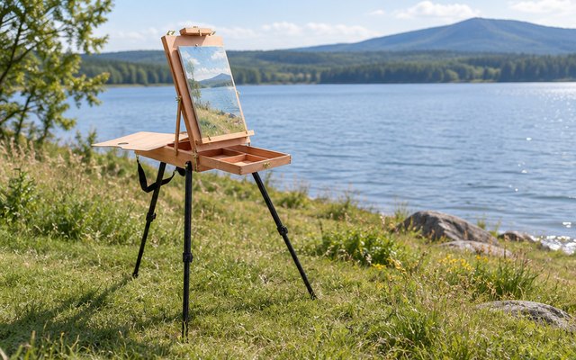 Falling in Art French Field and Sketchbox Easel, wooden French field easel with its sketchbox drawer open, set up on grass outdoors facing a lake