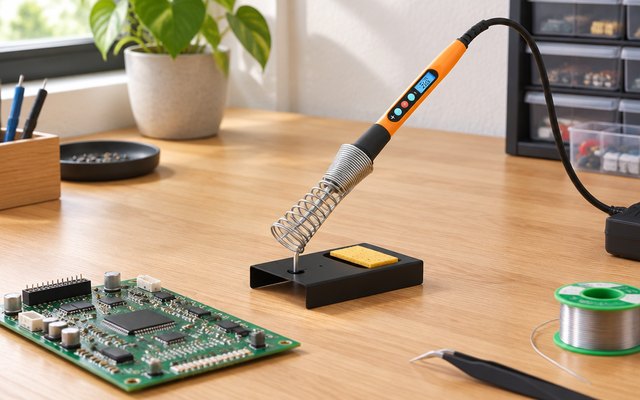Soldering iron, on a hobby desk beside a circuit board