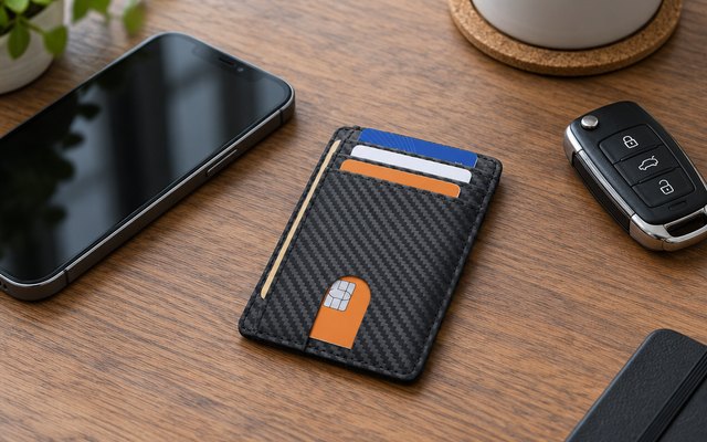 Buffway slim front-pocket wallet, on a desk beside a phone and car key
