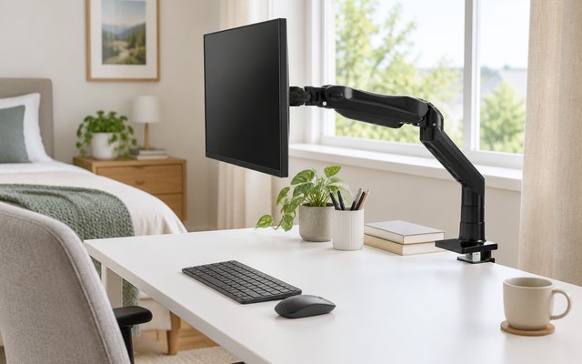 HUANUO FlowLift monitor arm, clamped to the back edge of a white desk, holding a monitor with a dark screen in a bright bedroom office corner