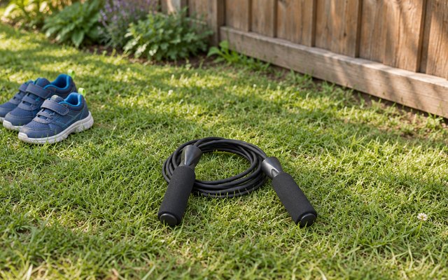 Amazon Basics rope lying on a lawn by a wooden fence, a small pair of children’s shoes nearby