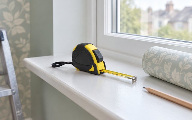 Amazon Basics tape measure, on the windowsill of a room being decorated, a roll of wallpaper and a pencil beside it
