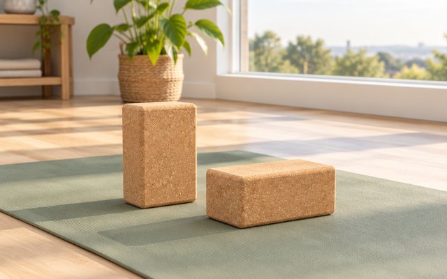 Two plain cork yoga blocks on a sage yoga mat in a bright room, one on end and one flat