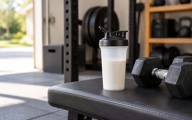 BlenderBottle Classic V2, on a garage gym bench beside a pair of dumbbells
