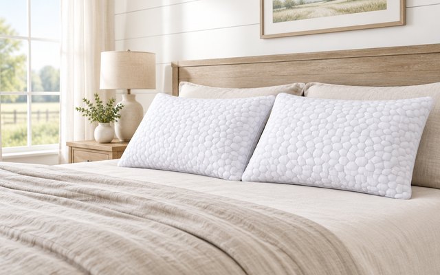 SUPA MODERN cooling pillows, side by side on a king bed with beige linen bedding in a farmhouse bedroom