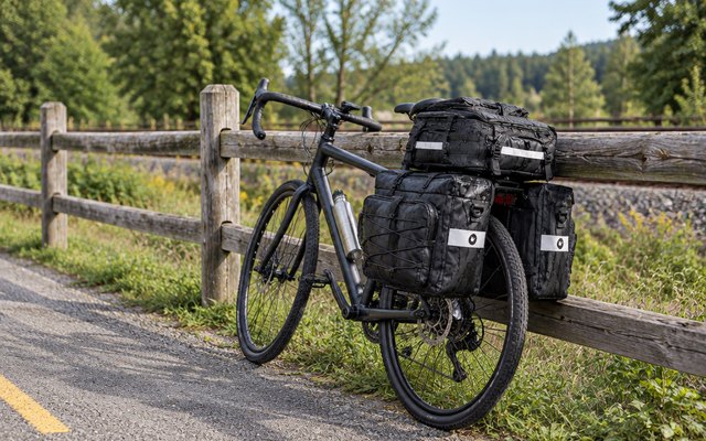 Rhinowalk 3-in-1 pannier set, on a touring bike leaning against a split-rail fence by a rail trail