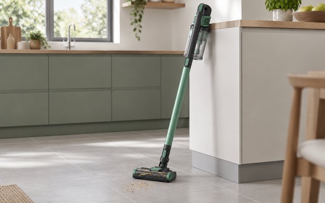 Green cordless stick vacuum leaning against a kitchen counter on a tiled floor, a few crumbs by the floor head