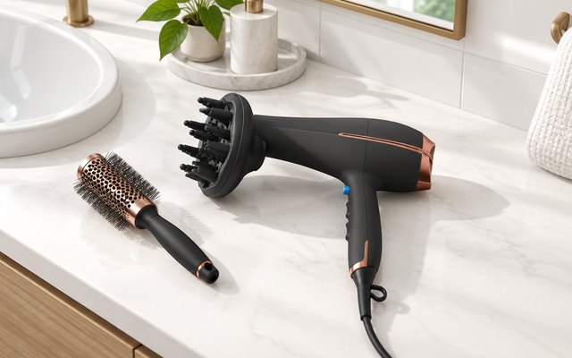 Conair InfinitiPRO hair dryer, lying on a white bathroom vanity beside a round brush