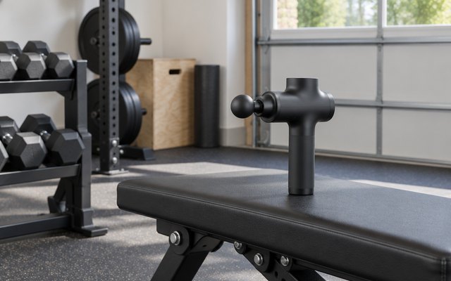 A pistol-grip massage gun on a weight bench in a bright home garage gym