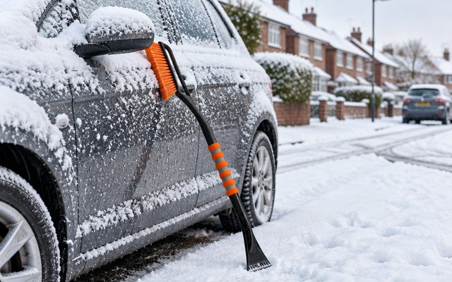 AstroAI snow brush and ice scraper, resting against a snow-covered car on a British residential street