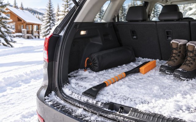 Orange-handled snow brush and scraper in an open SUV trunk with winter boots, a snowy cottage behind