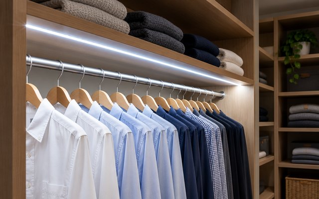 A white LED strip lighting a closet shelf