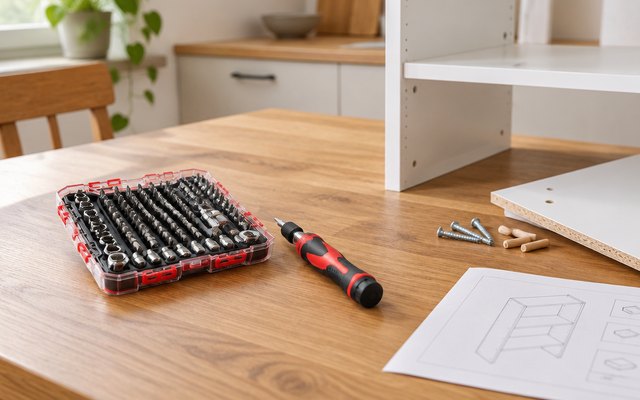 Ratchet screwdriver set, on a kitchen table beside a flat-pack shelf being put together