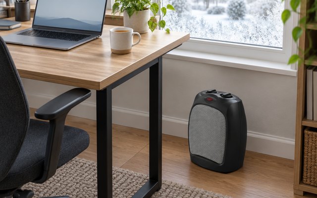 Small black ceramic space heater on the floor under a home office desk with a laptop and a mug of tea