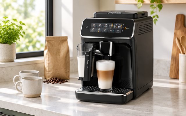 Philips 3200 Series LatteGo Super-Automatic Espresso Machine, espresso machine in a bright modern kitchen corner next to a bag of coffee beans and two mugs