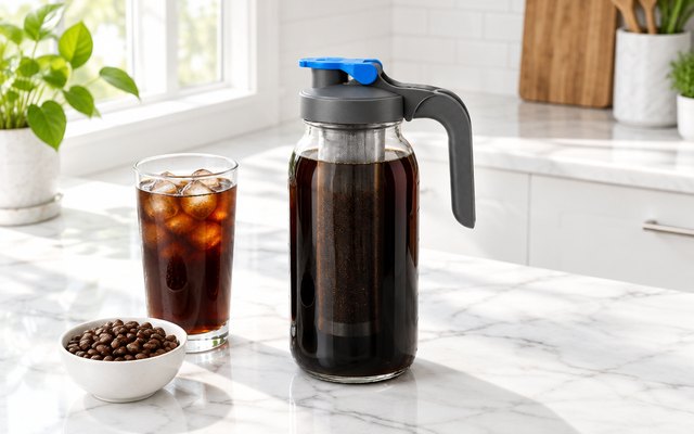 County Line Kitchen 64 oz cold brew maker, steeping on a sunny breakfast counter beside a glass of iced coffee