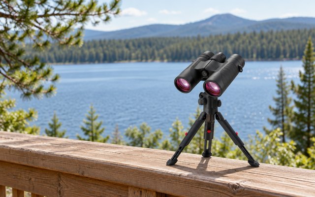 Adasion 12x42 binoculars, on a wooden deck railing overlooking a lake and forest