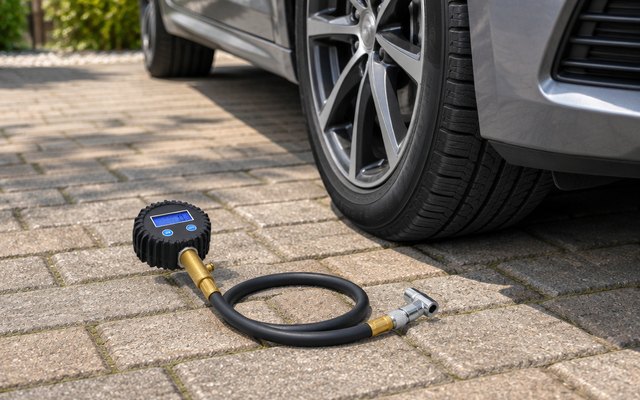 Digital tire gauge with a coiled hose lying on a driveway beside a car’s front tire