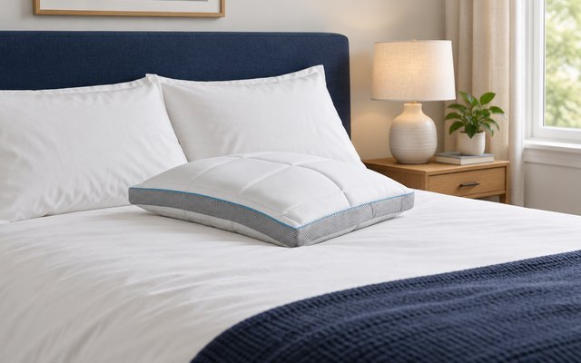 Simba Hybrid Pillow, on a freshly made bed with a navy headboard and a bedside lamp