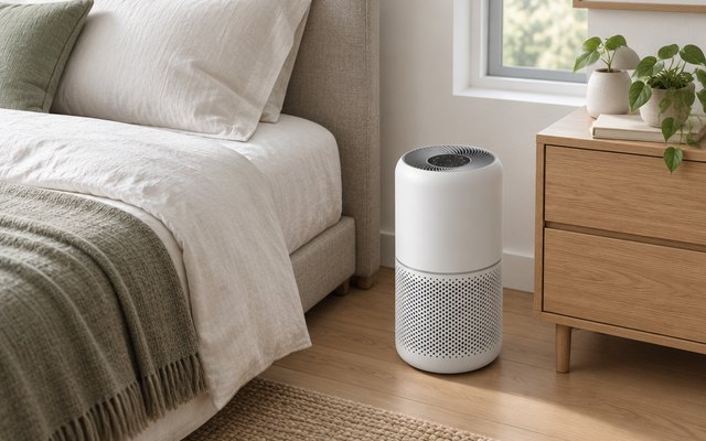 Levoit Core 300-P air purifier, on the floor beside a nightstand in a calm, simple bedroom with a made bed and soft linen