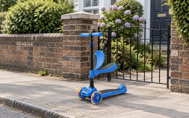 Hurtle 3-wheel scooter with seat, parked on the pavement of a quiet British residential street outside a front gate