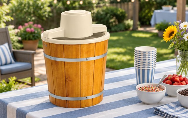 Nostalgia 4-Quart Electric Ice Cream Maker, Wood-Style Bucket, wood-style bucket ice cream maker on a backyard patio table at a summer party, bowls and spoons b