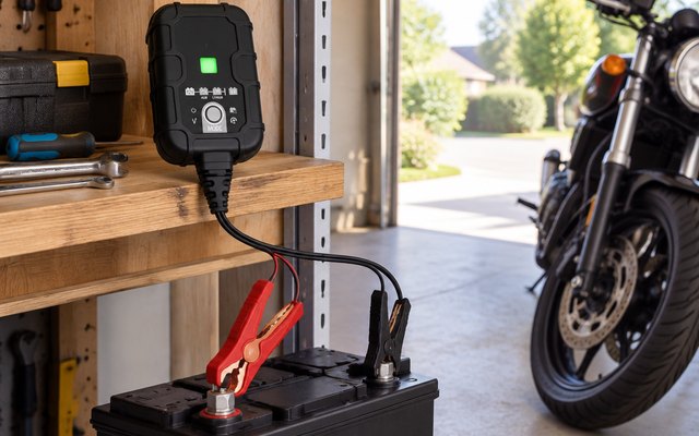 NOCO GENIUS1 battery charger on a garage shelf, its clamps on a battery below, a motorcycle by the open door