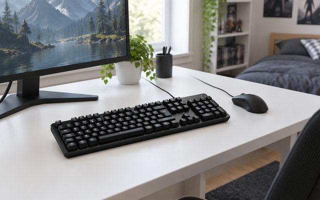 Logitech G413 SE keyboard, on a white desk in a teenager's bedroom gaming setup, a mouse beside it