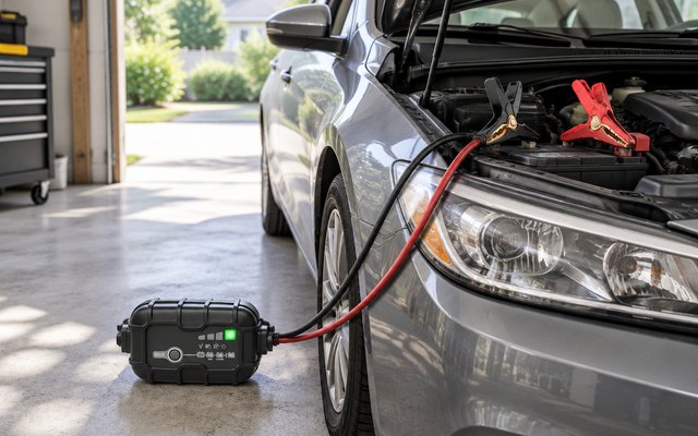 NOCO GENIUS2 Smart Battery Charger, battery charger on the floor of a clean home garage beside a car with its hood open, daylight through the open garage door