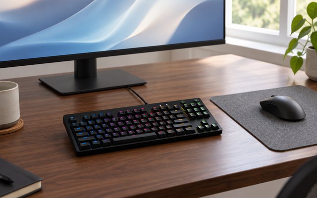 Black tenkeyless gaming keyboard, on a walnut desk in front of a large monitor