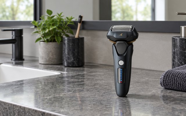 Panasonic Arc5 shaver, standing upright on a gray stone bathroom countertop near a large mirror