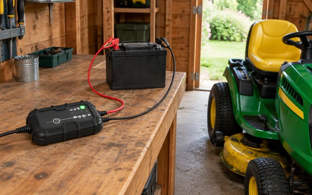 NOCO GENIUS5 charger, on a garden shed workbench, its red and black clamps on a riding lawn mower battery