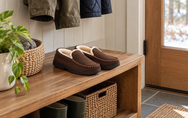 Lulex moccasin slippers, side by side on a wooden shelf in a mudroom by the back door