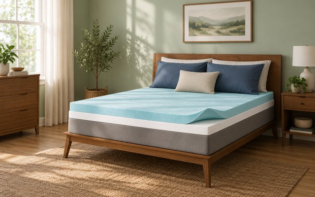 Sure2Sleep gel swirl memory foam topper, laid on a queen bed in a calm bedroom with sage green walls, one corner folded back to show its thickness