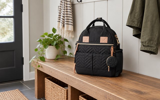 Skip Hop Suite diaper backpack, on a wooden bench in a mudroom