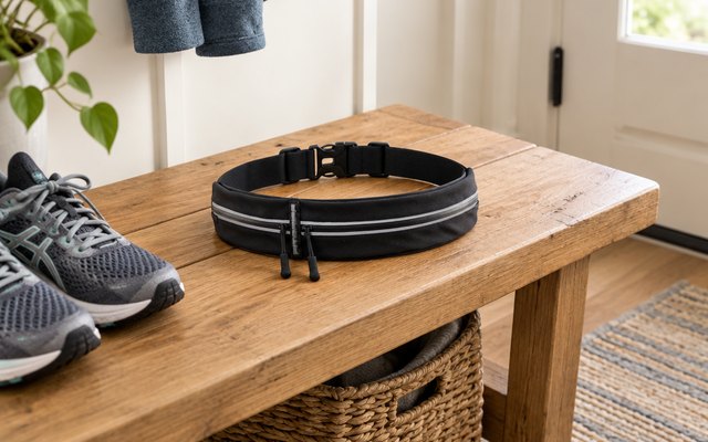 Fitgriff running belt, laid flat on a wooden bench beside running shoes in a home entryway