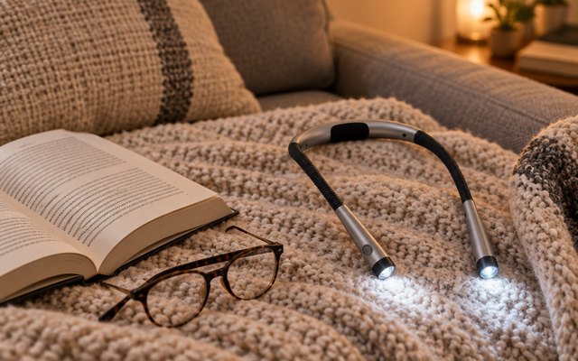 A silver neck reading light with two bendable arms on a sofa beside an open novel
