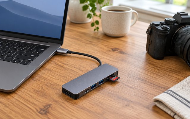 Hiearcool 7-in-1 USB-C hub, on a kitchen table beside a camera