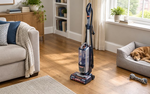 Shark pet upright vacuum, standing on a wooden floor in a bright British living room beside a sofa and a dog bed