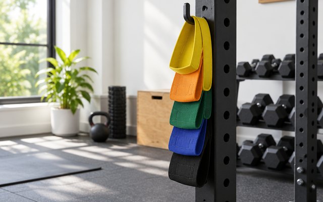 Tribe Lifting Fabric Resistance Bands, Set of 5, hanging on a hook in a bright home gym