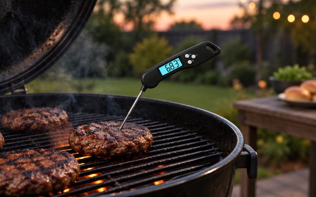 Instant-read thermometer in a burger on a backyard grill