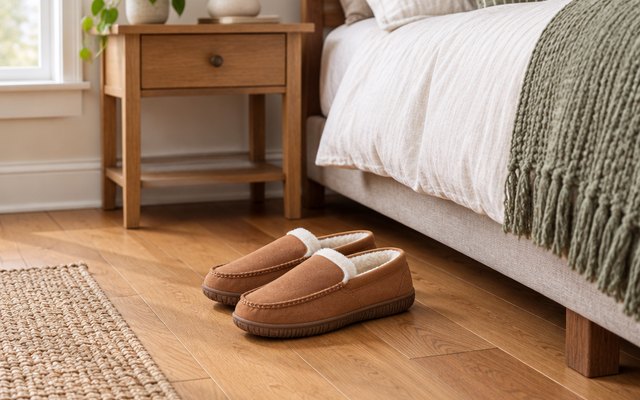 shoeslocker moccasin slippers, side by side on a hardwood floor beside a bed in a guest room