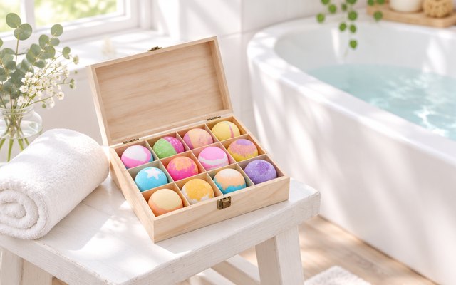 An open light wooden box of twelve multicoloured bath bombs on a stool beside a bath