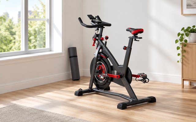 Schwinn IC4 indoor cycling bike, in a bright spare room by a window with a yoga mat rolled beside it