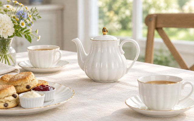Sweejar Royal teapot, on an afternoon tea table with scones