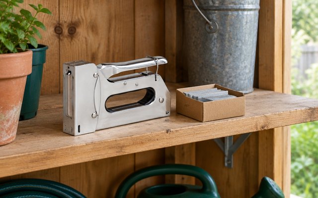 Amazon Basics staple gun, on a shelf in a garden shed beside a box of staples